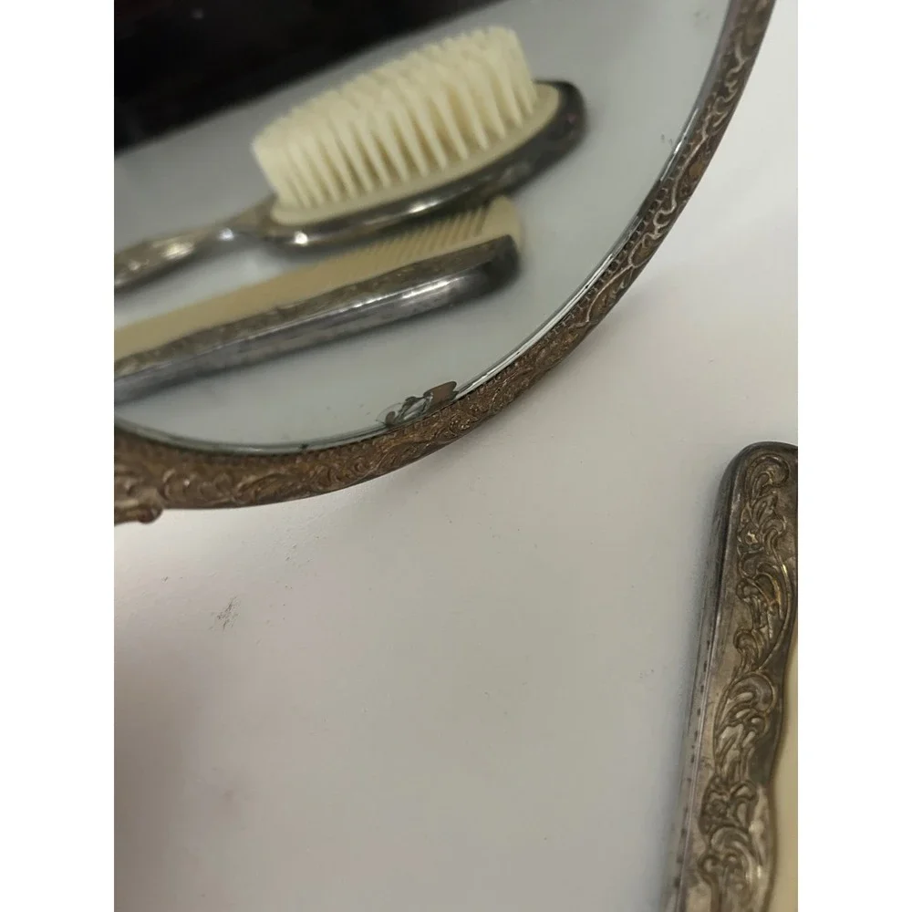 Vintage Silver Tone Ornate Repousse Vanity Set Mirror Brush Comb 3 Piece Floral
